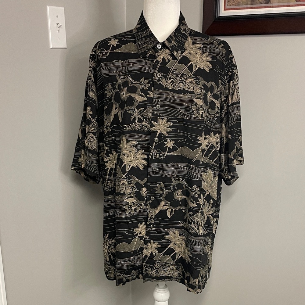 Mens Harley Davidson Hawaiian Short Sleeve Button Up Dress Shirt Sz Large Subtle